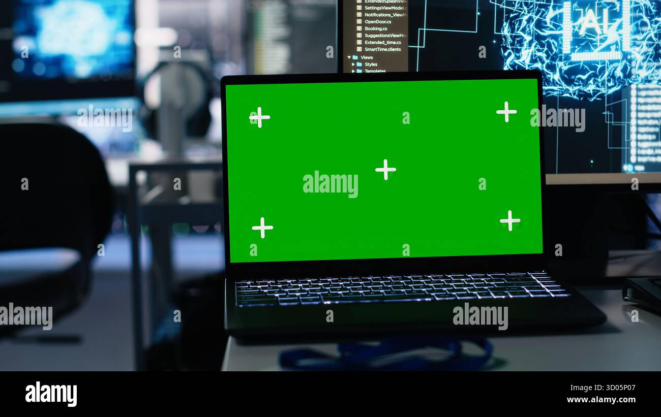 Close up of server hub mockup laptop tracking rigs processing machine ...