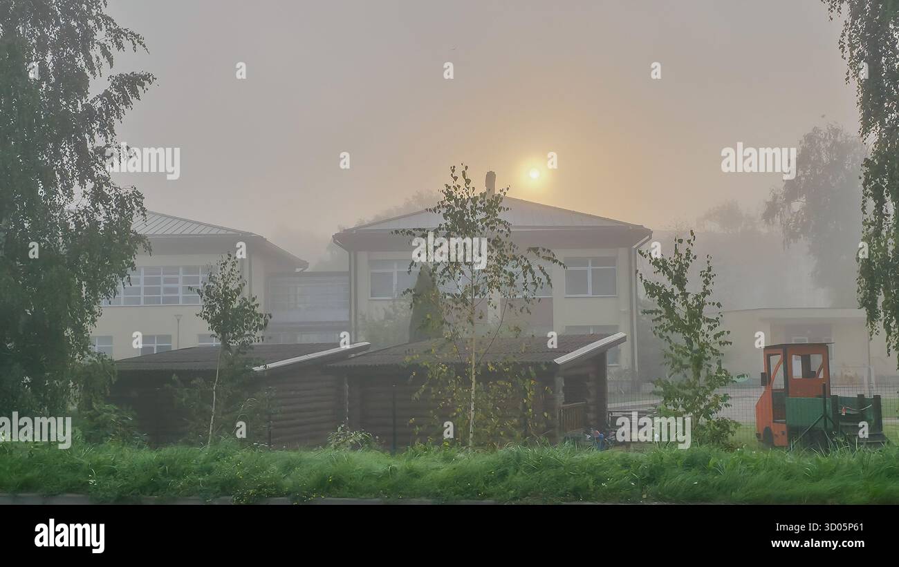 Fog in city landscape. Foggy park in the morning - Smartphone Captured Stock Image