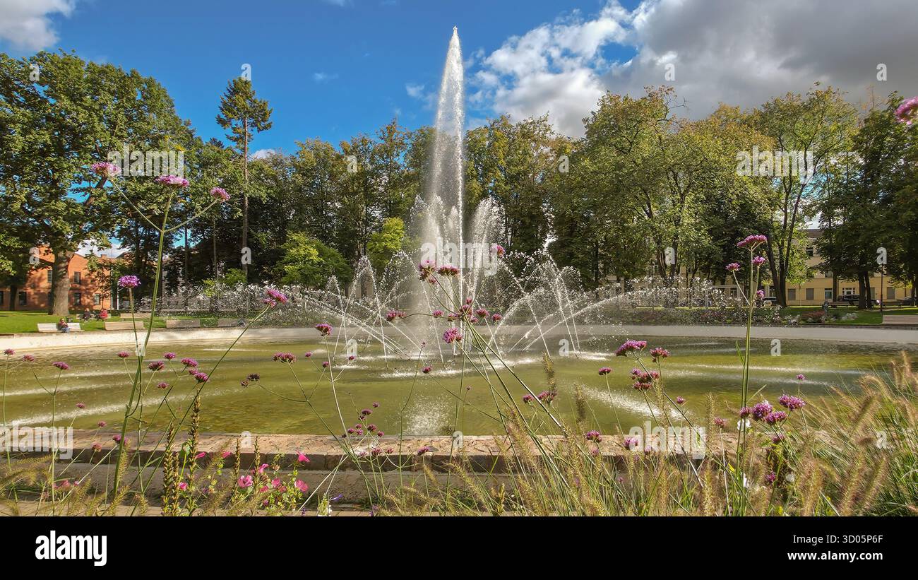 Fountain in city park in autumn days. Flowers on foreground and water drops on background - Smartphone Captured Stock Image