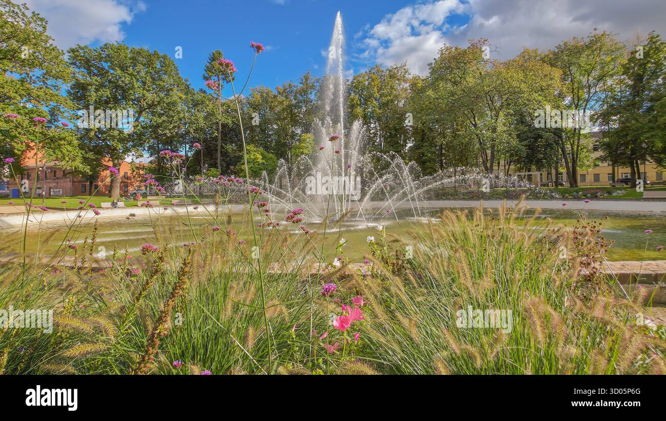 Fountain in city park in autumn days. Flowers on foreground and water drops on background - Smartphone Captured Stock Image