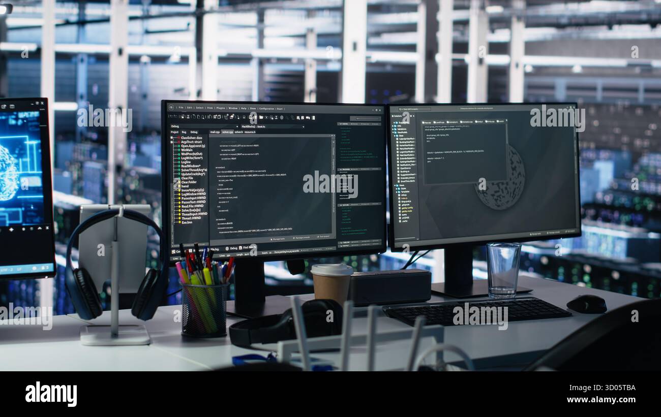 Server room PC screens tracking mainframes processing large scale ...