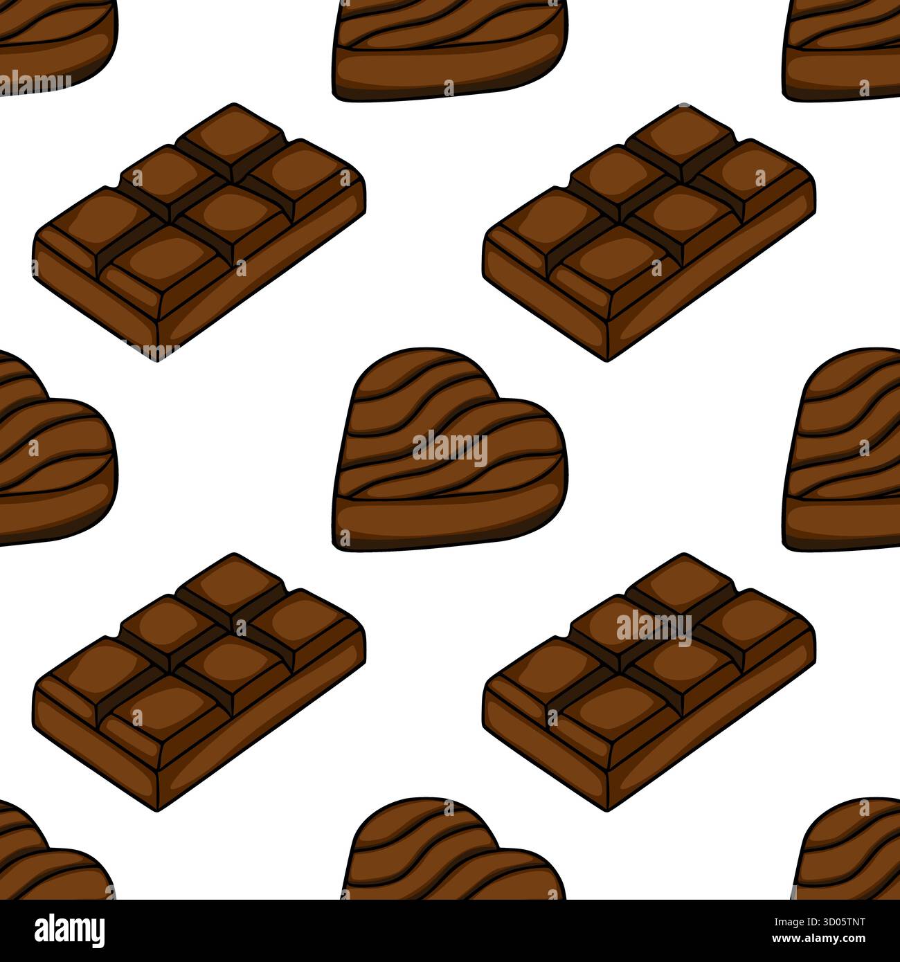 Seamless vector pattern featuring isometric milk chocolate bars and heart-shaped chocolates with wavy details, perfect for confectionery branding and Stock Vector