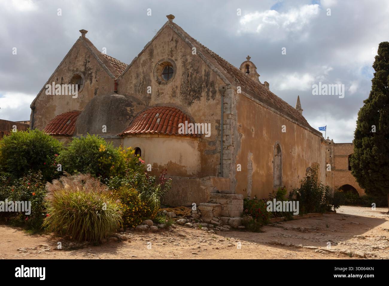 The 16th century Greek Orthodox Arkadi Monastery played a role in the Cretan Revolt against the Ottomans in 1866 - Crete, Greece Stock Photo