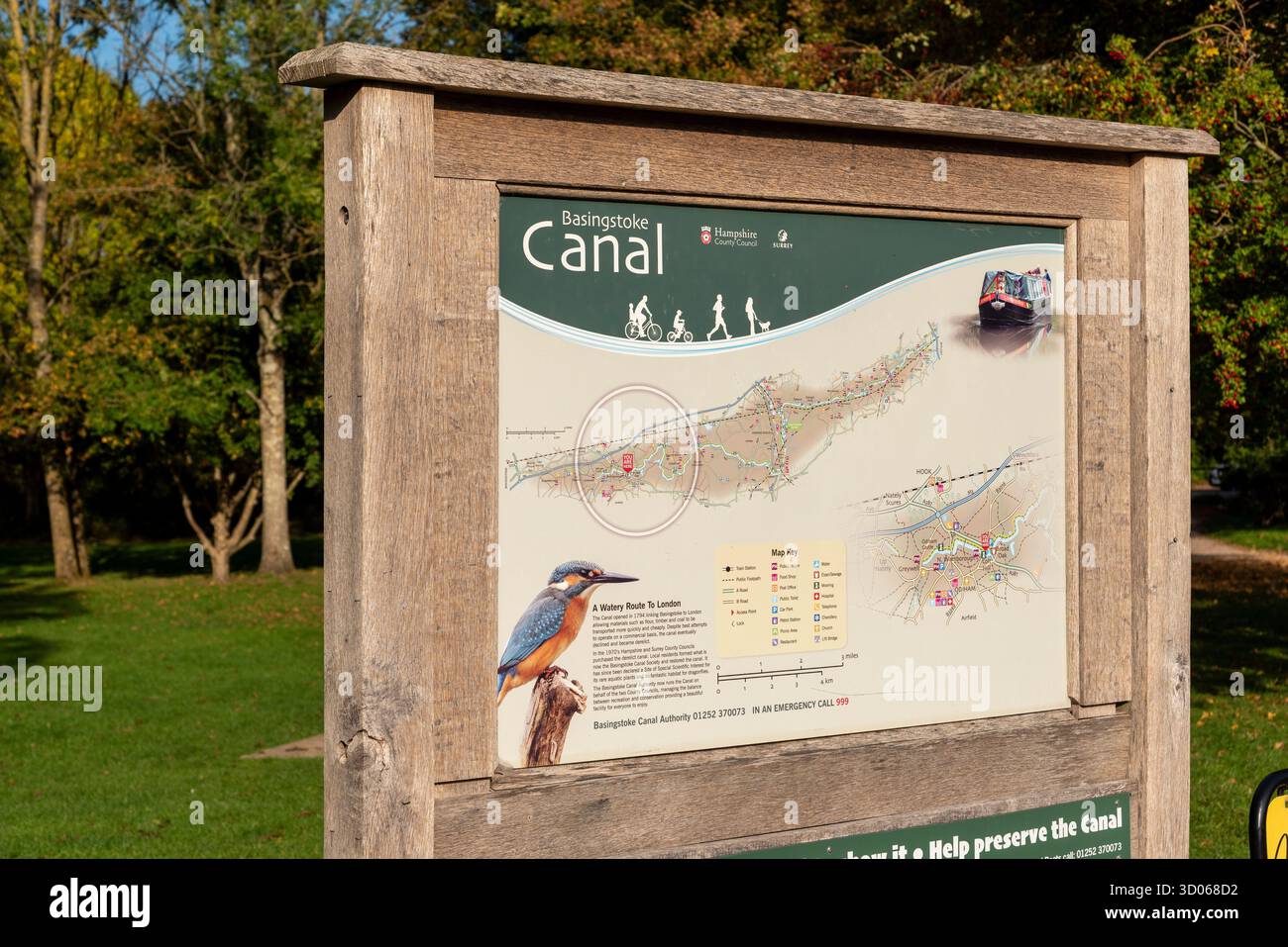 Odiham Hampshire England UK. 11.10. 2025. Tourist information board alongside the Basingstoke Canal in Hampshire UK - Stock Image