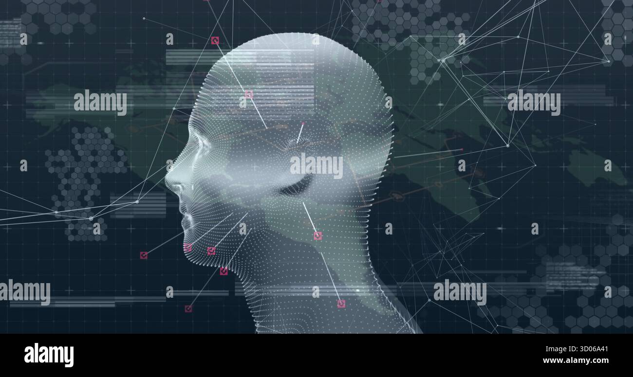 Displaying 3D dotted mesh head in data interface, with network nodes and connecting lines Stock Photo