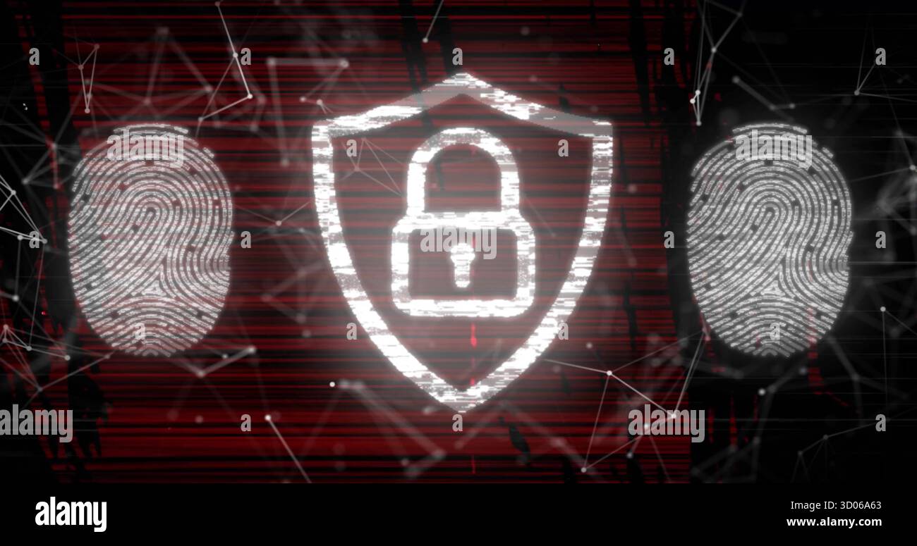 Displaying shield enclosing padlock in cybersecurity network with fingerprint patterns and nodes Stock Photo