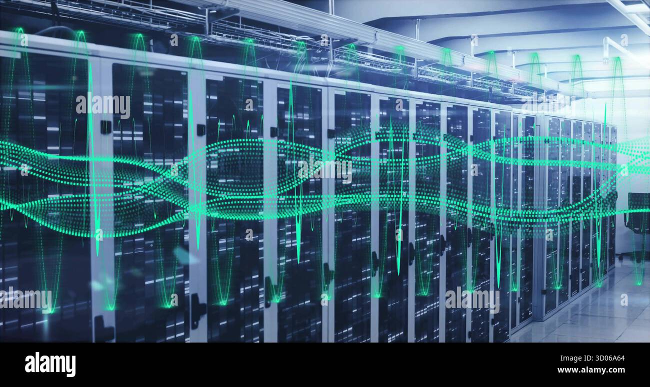 Displaying server racks streaming green waveform in server room, with LED lights and data cables Stock Photo