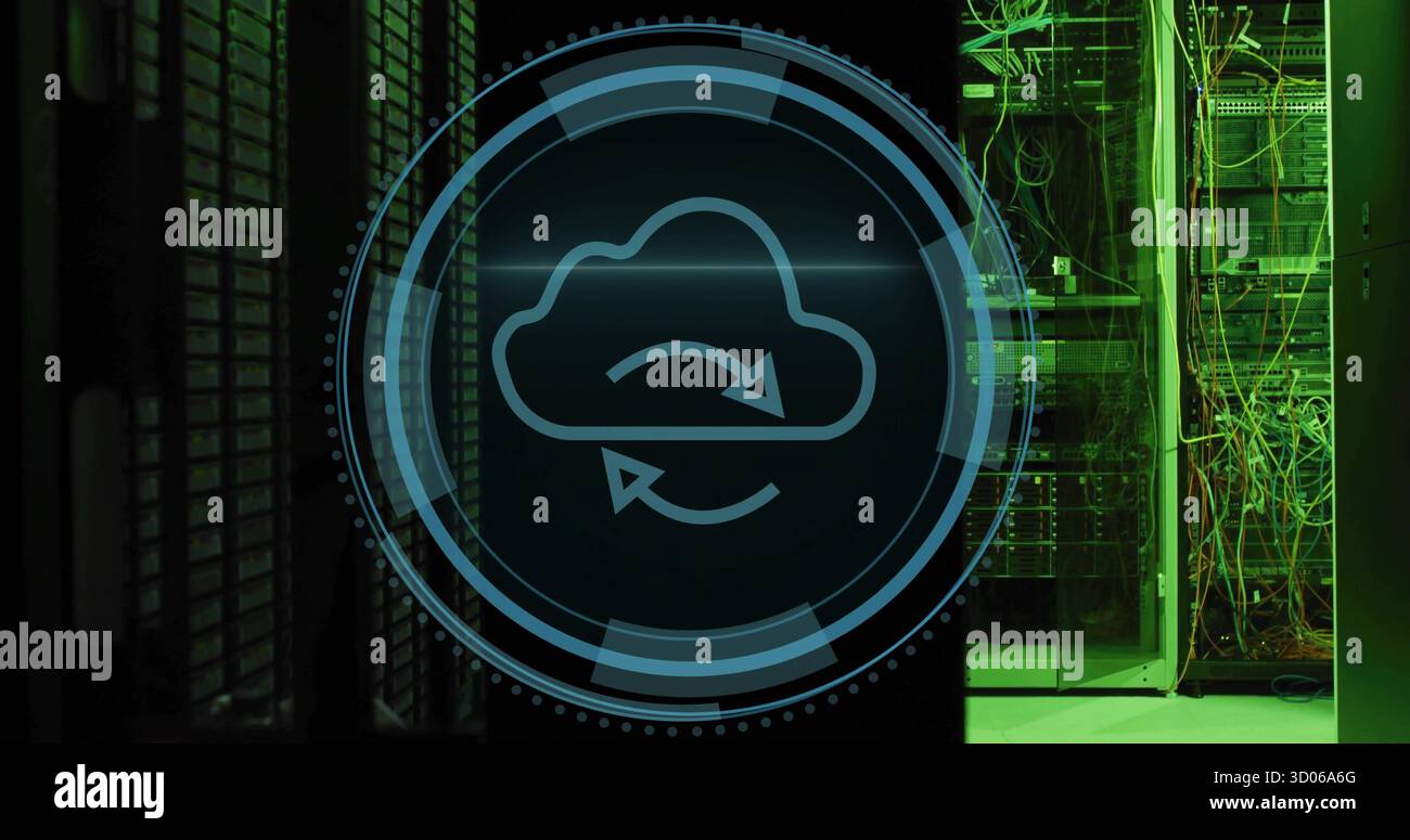 Showing holographic cloud sync icon hovering above servers in data center, with network cables Stock Photo