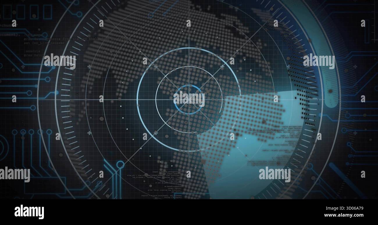 Displaying radar-style graphic overlaying dotted world map on control panel, tracing data points Stock Photo