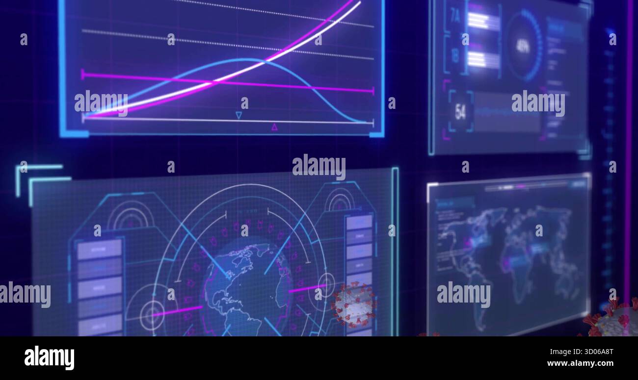 Projecting holographic world map interface at dashboard, line graph, heatmap analytics, copy space Stock Photo