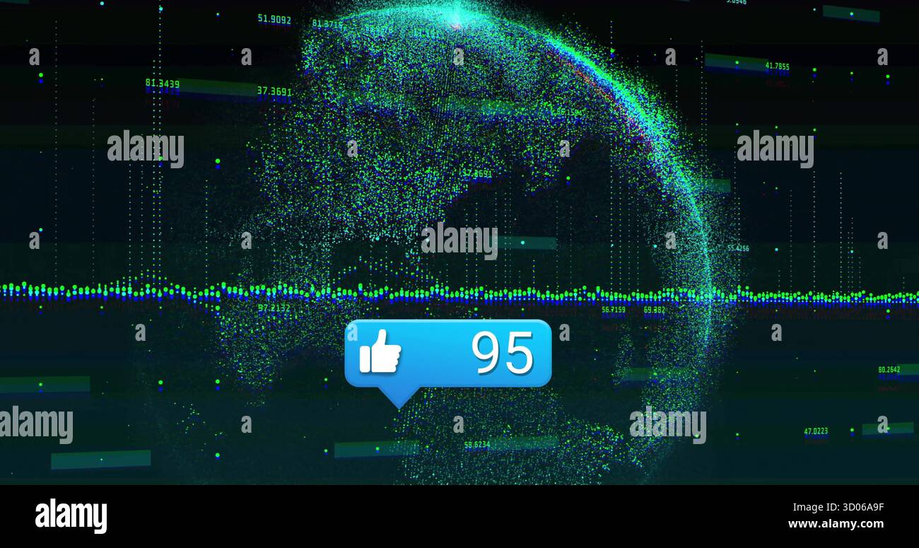 Displaying 3D globe in data interface with colorful waveform numeric labels like icon showing 95 Stock Photo