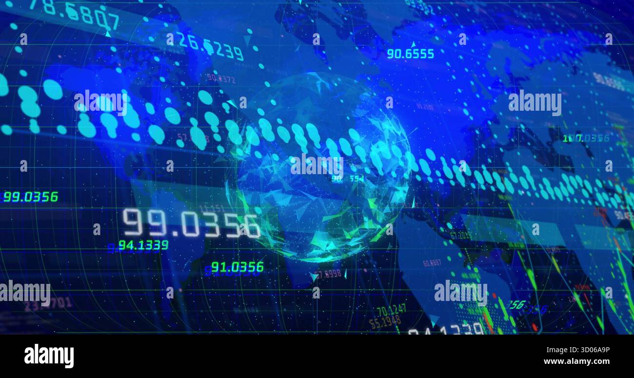 Presenting 3D globe rotating on data dashboard, world map, dotted line chart and data points Stock Photo
