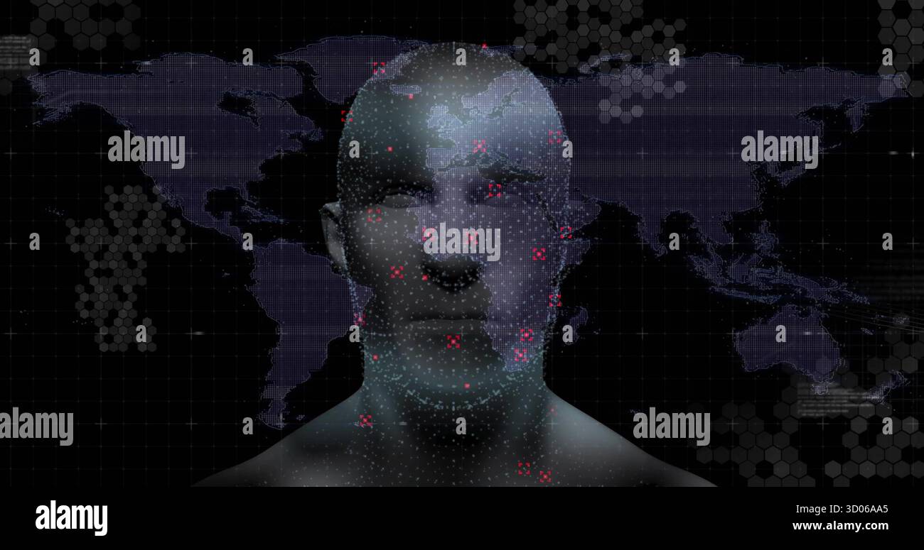 Floating 3D head projecting world map, hexagonal grid and glowing red data points on interface Stock Photo