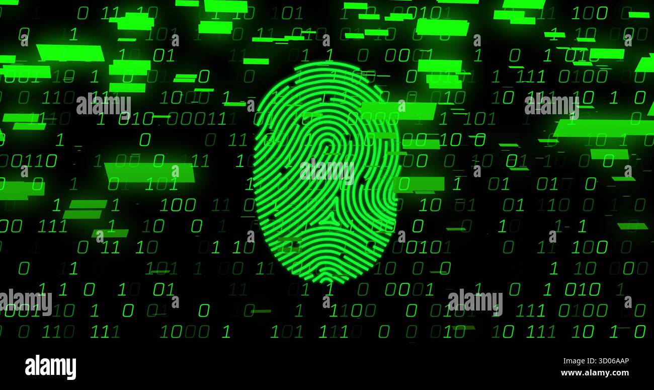 Displaying neon green fingerprint graphic in dark field, with scrolling ...