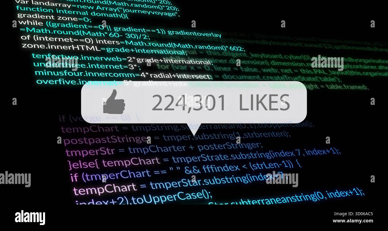 Displaying speech bubble covering code on editor screen, with thumbs-up icon and likes count Stock Photo