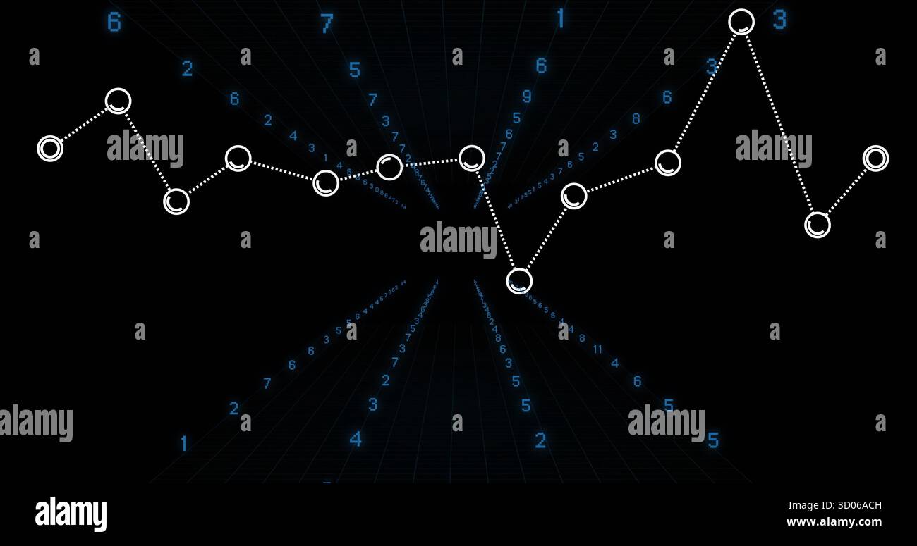 Displaying white dotted-line graph nodes over dark grid in 3D data space, with blue numeric labels Stock Photo