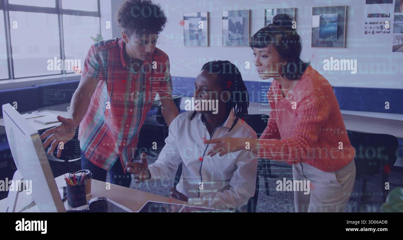 Collaborating three software engineers typing code on monitor in modern workspace, with coffee mug Stock Photo