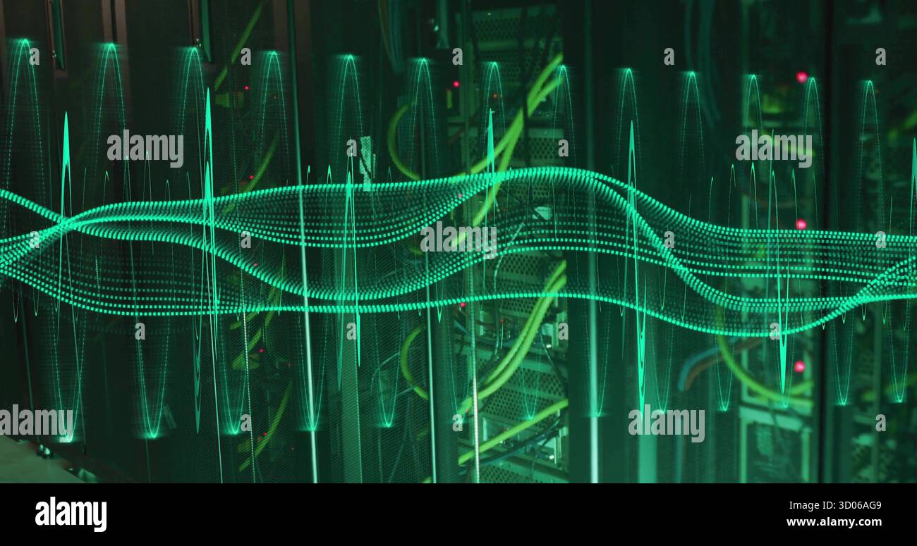 Displaying server racks streaming data in data center, with patch cables, LEDs and waveform overlay Stock Photo