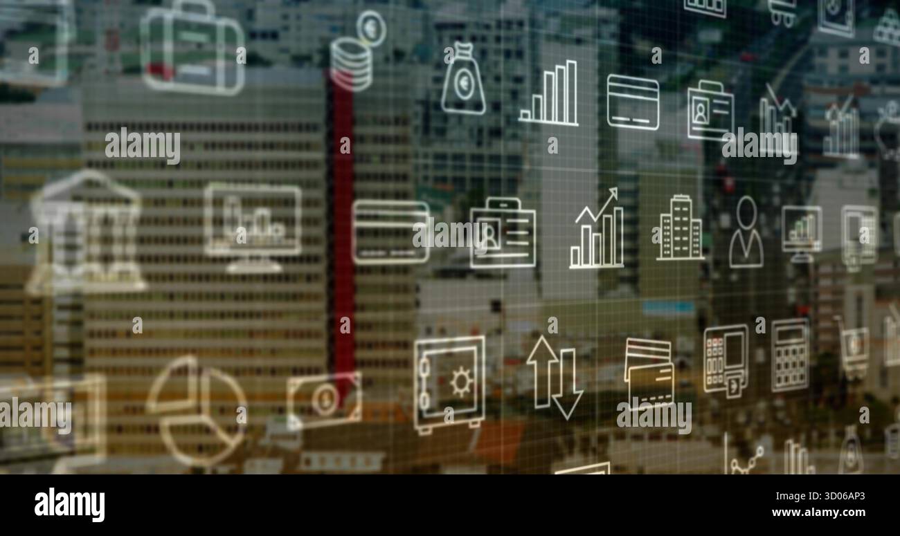 Overlaying cluster of bank icon, coin stack and bar chart icons over ...