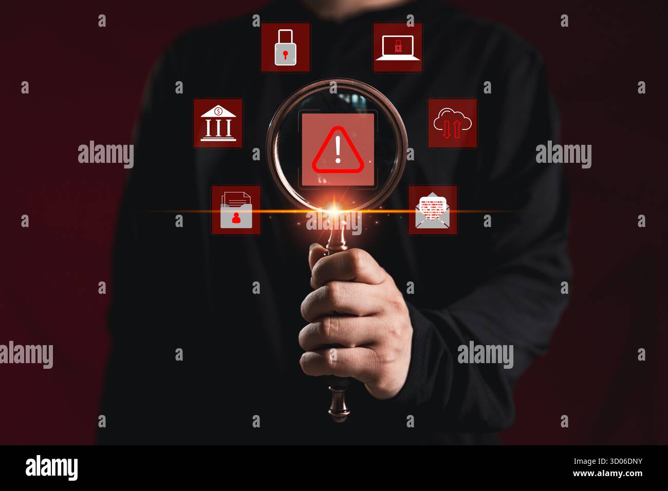 Cyber security warning alert system concept. computer network compromised illegal connection, exposing data, software, such virus, facilitate hack com Stock Photo