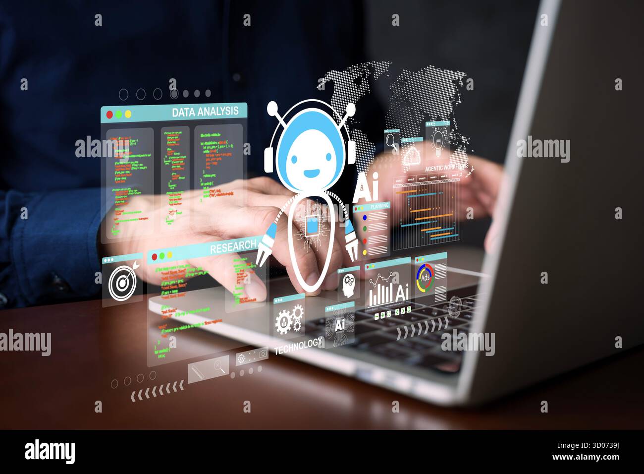 A digital AI robot analyzing data and research on a laptop computer, representing artificial intelligence, machine learning, and futuristic data techn Stock Photo