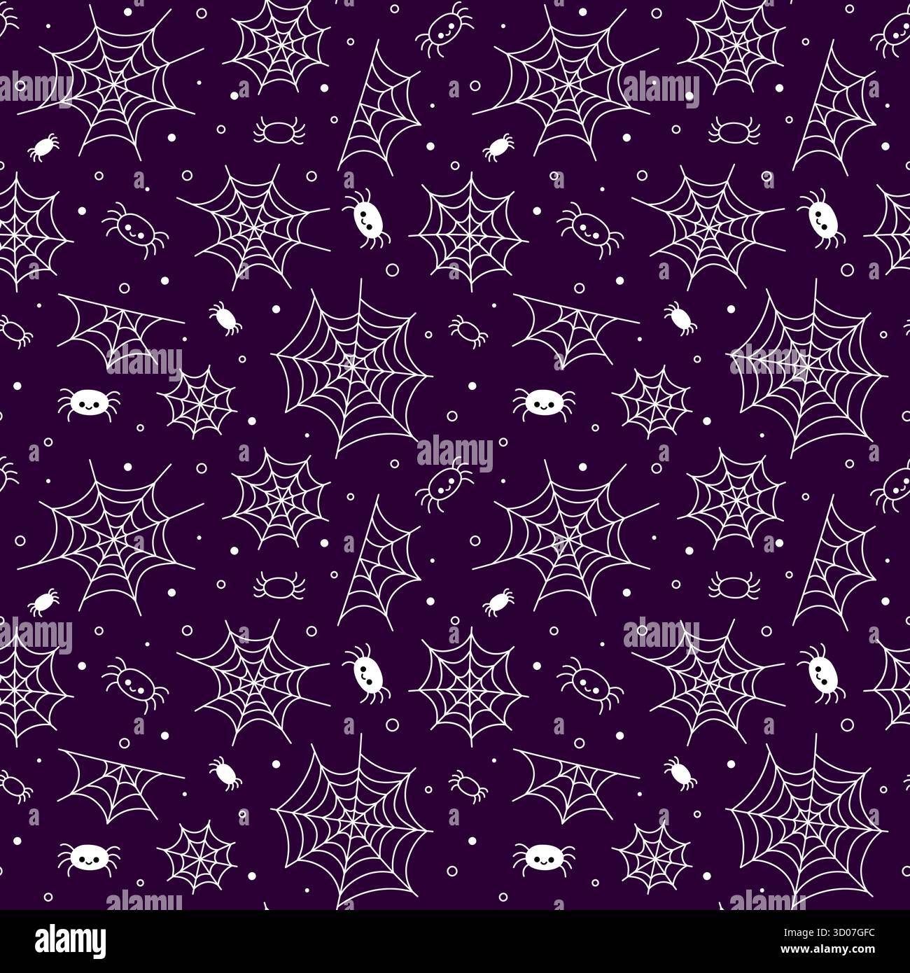 Spider web pattern. Halloween vector seamless background with cute spiders. Purple and white spooky pattern. Stock Vector