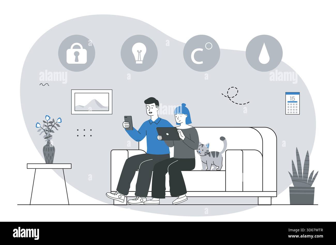 Couple using smart home devices on sofa. Vector illustration Stock Vector