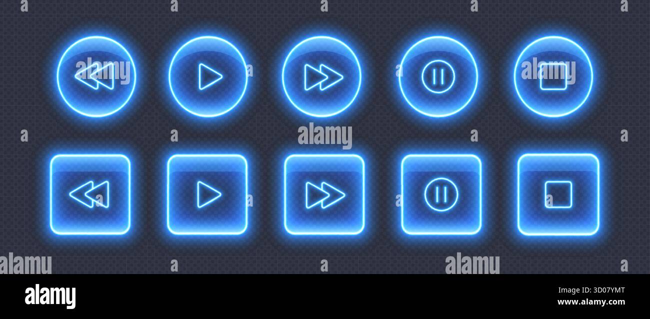 Neon media player buttons. Blue glowing glossy audio control icons. Interface elements Stock Vector