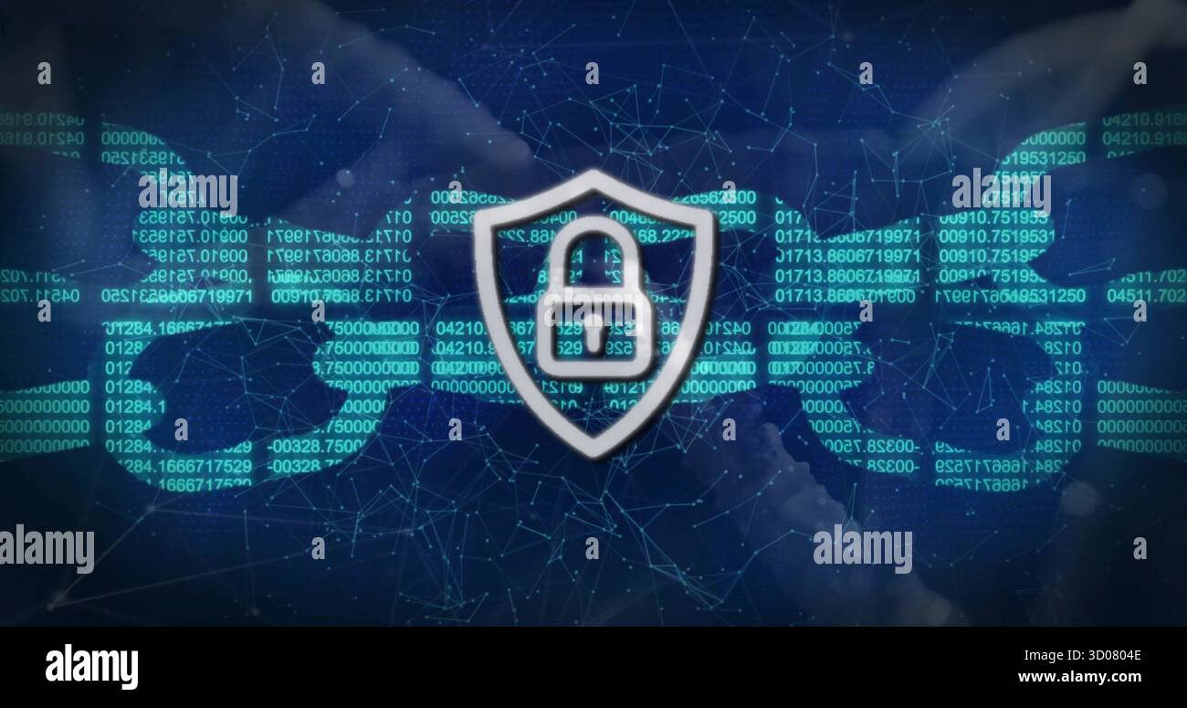 Glowing shield emblem displaying padlock icon hovering over world map, streaming code and hex grid Stock Photo