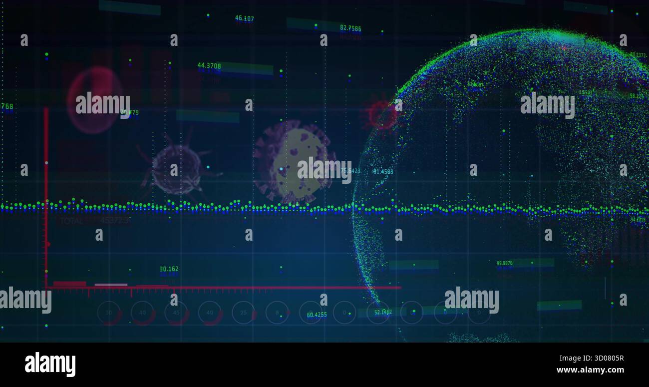 Displaying dot-matrix globe on data dashboard, with virus icons, gridlines, data stream, copy space Stock Photo