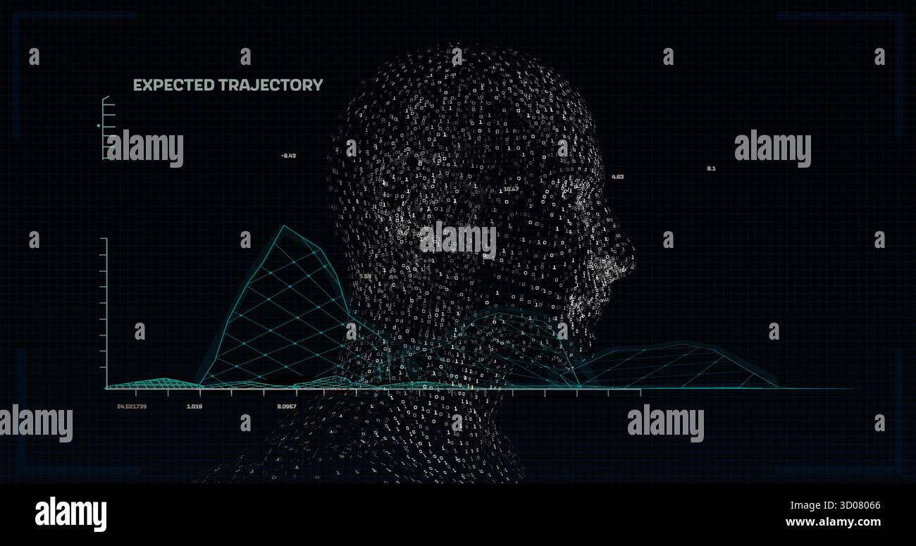 Displaying wireframe head composed of binary digits in data analysis interface, with 3D mesh graph Stock Photo