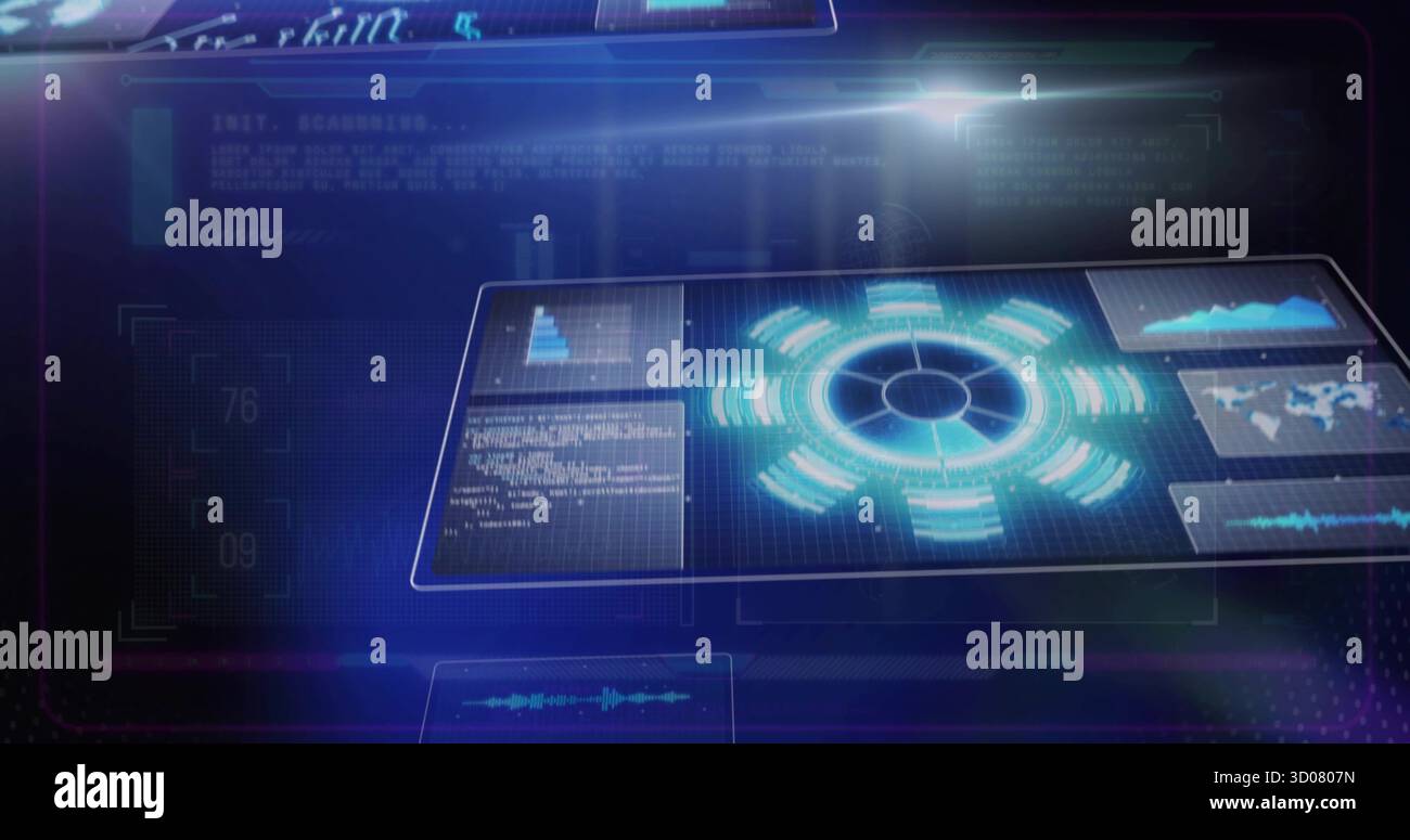Displaying neon-blue interface with data arcs and graphs in command center, with holographic panels Stock Photo