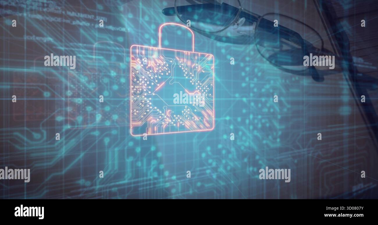 Hovering neon padlock hologram in office, showing circuit schematic, glasses, grid of glowing nodes Stock Photo