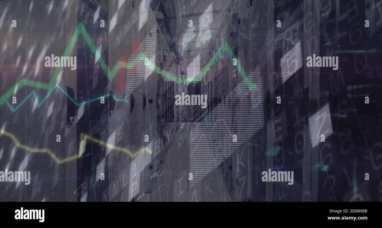 Colored line charts and alphanumeric data streaming through server rack corridor, with grid lines Stock Photo