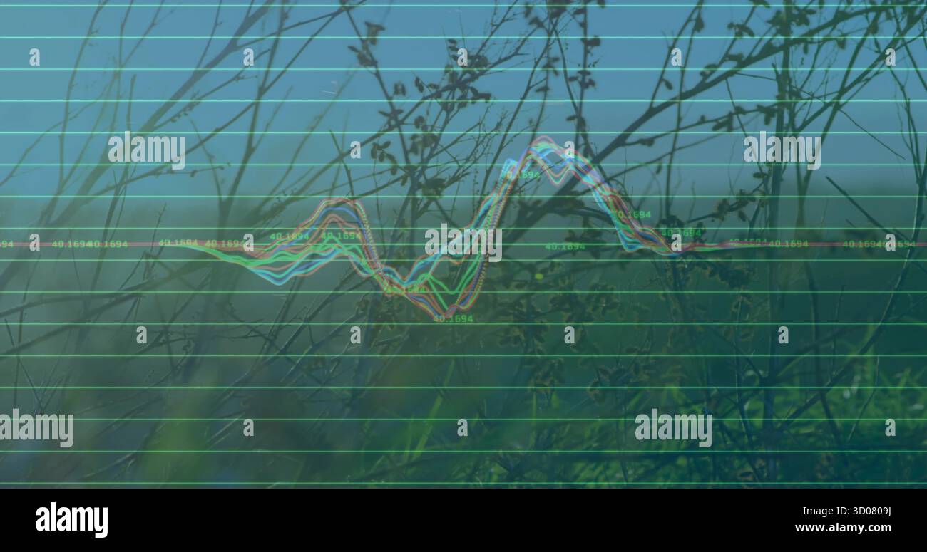 Displaying colored waveform overlay undulating on meadow hillside, with grid lines numeric labels Stock Photo
