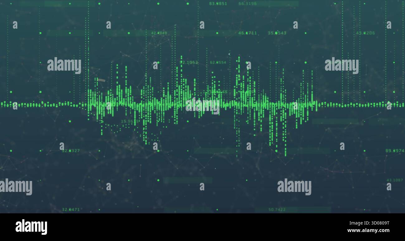 Displaying green waveform and dot clusters spanning display grid, with network mesh and data labels Stock Photo