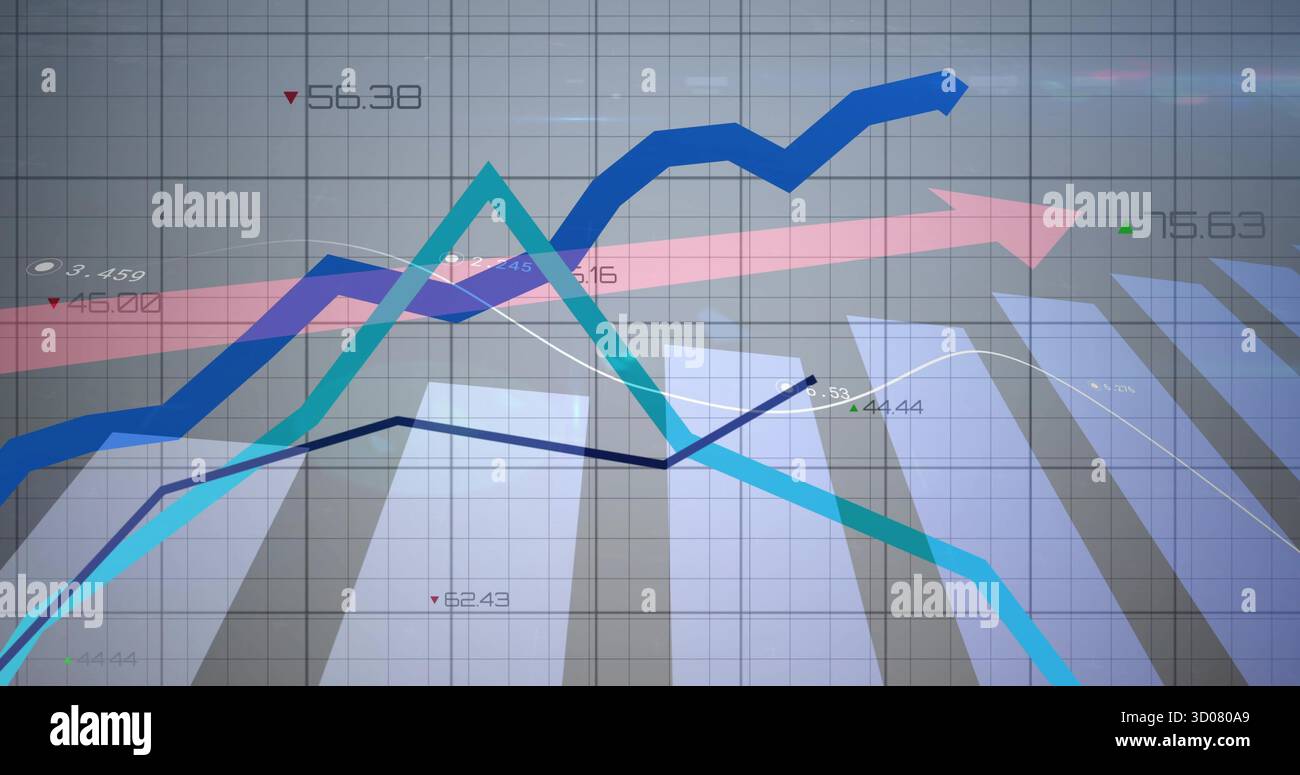 Displaying financial dashboard showing 3D bars rising, colored line graphs, numeric labels Stock Photo