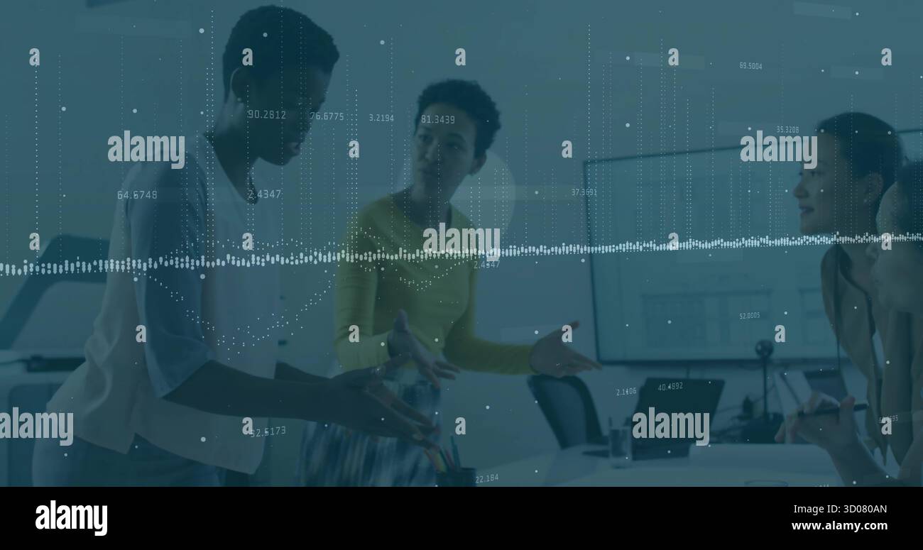 Collaborating three women analyzing data visualization in modern office ...