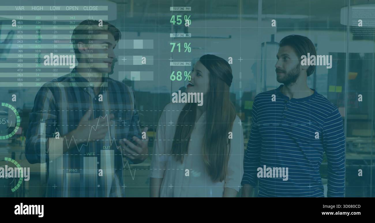 Video Data Overlay Examples Three professionals reviewing semi-transparent digital data overlays in ...