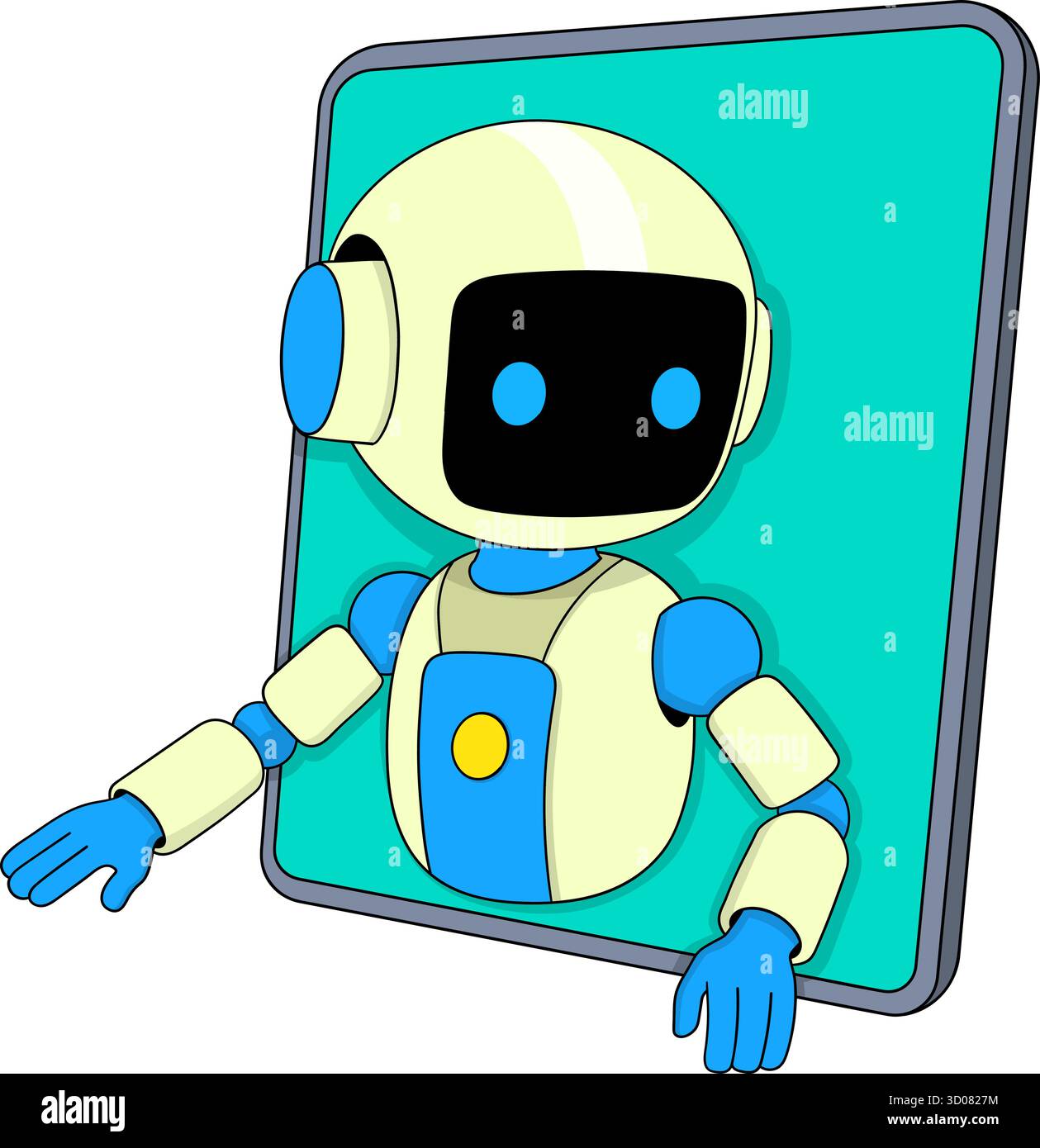 Vector illustration of a cute futuristic robot appearing inside a tablet phone screen, symbolizing artificial intelligence embedded in everyday device Stock Vector