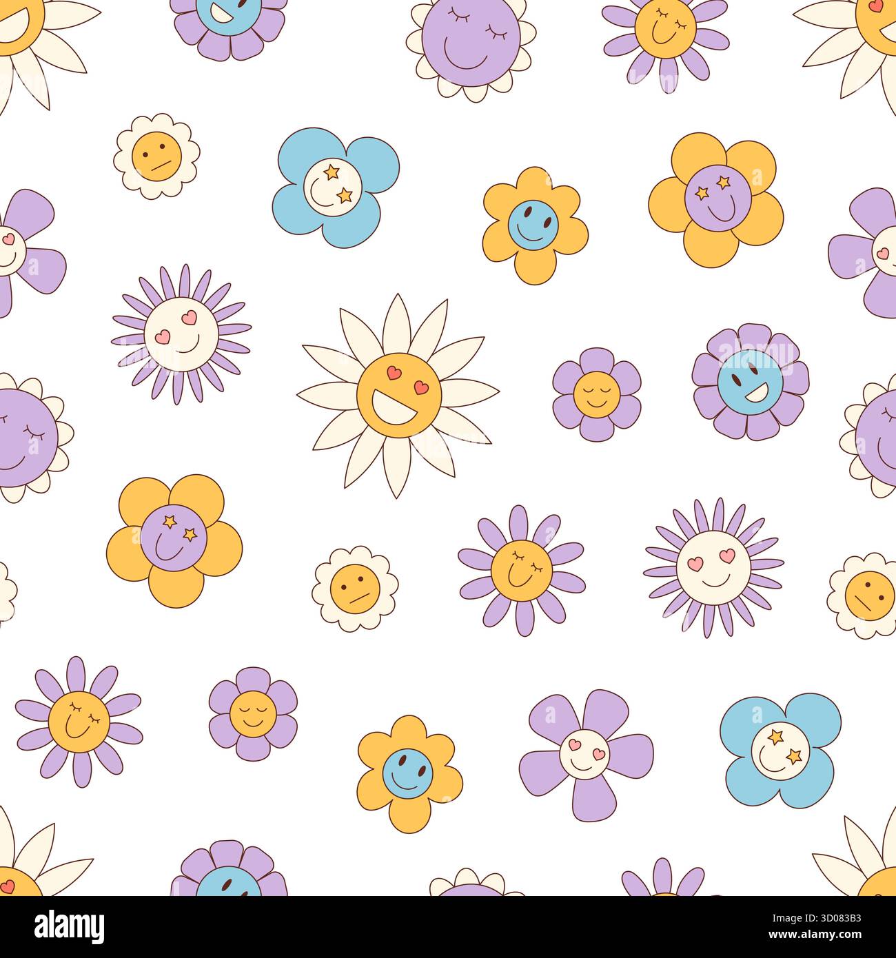 Groovy Retro Seamless Floral Smiley Background Pattern Stock Vector