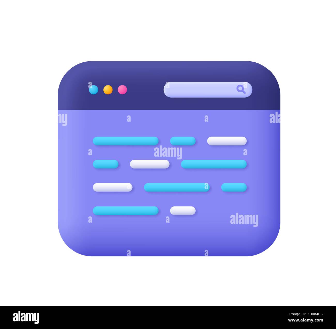 Purple web browser window with code lines. Technology, web development, programming, coding and software concept. 3d vector icon. Cartoon minimal styl Stock Vector