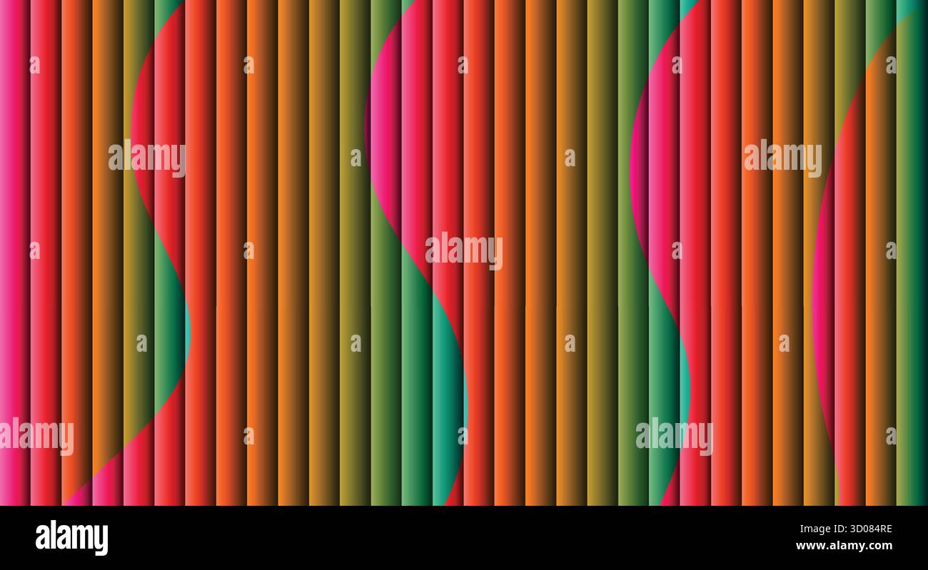 Abstract vertical stripes with wavy colorful shapes overlaying the design. - Stock Image