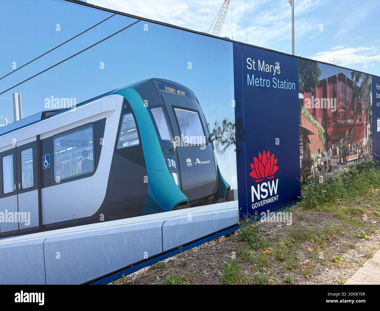 St Marys Sydney Metro western Sydney airport new station, site hoarding displays architects impression of the new station and a train, Australia - Smartphone Captured Stock Image