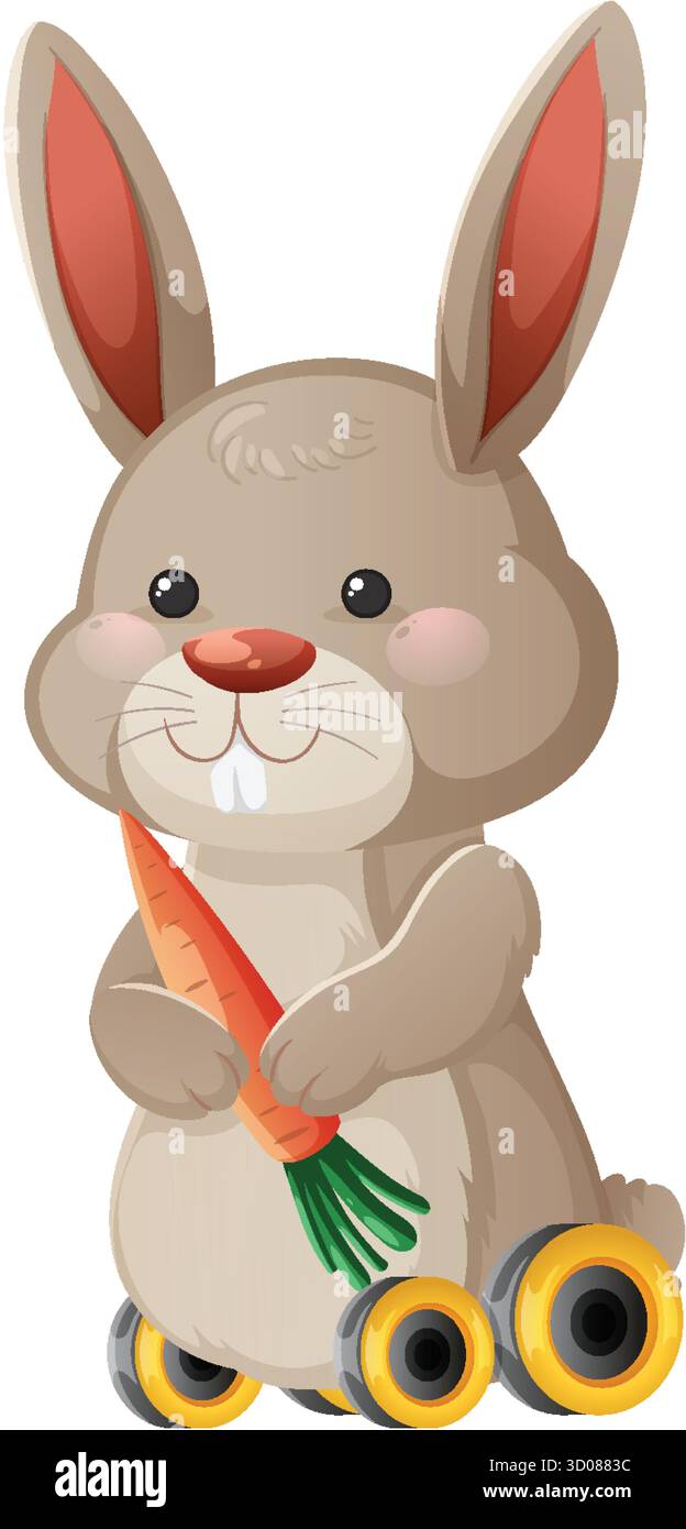 Cartoon bunny with carrot, rolling on wheels, bright colors, clean ...