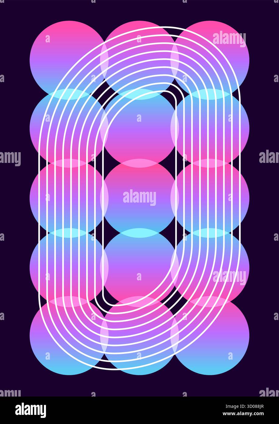 Neon palette with a grid of gradient circles over a dark background wrapped by parallel rounded white track lines in a large oval. Stock Vector