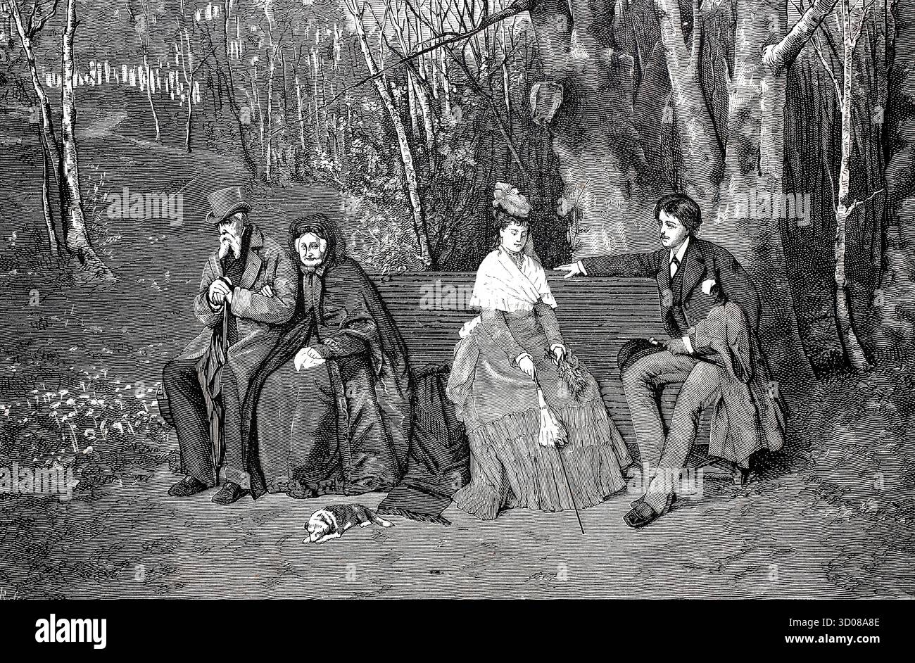 Verschiedene Generation auf einer Parkbank, altes Ehepaar, junges Paar, Sommer, ausruhen, um 1880, nach einem Gemälde von E. Harburger, Historisch, au Stock Photo