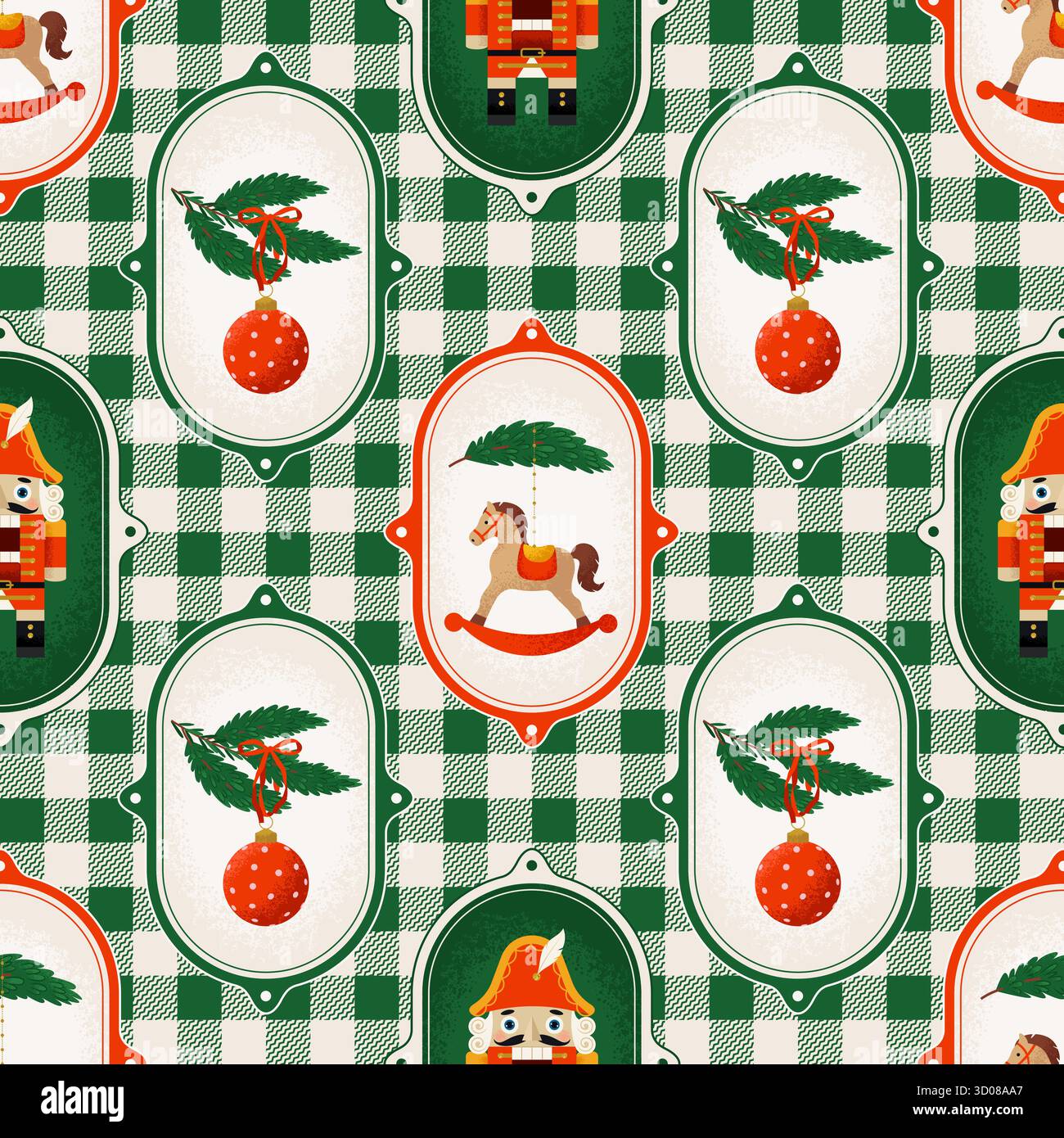 Retro-style Christmas Seamless Pattern with Christmas Decorations in frames. Vector illustration Stock Vector