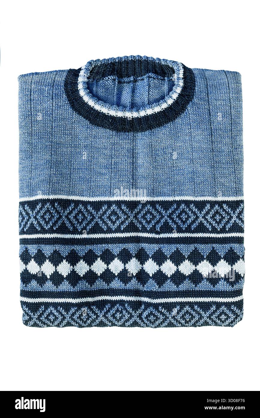 Folded blue knit pattern sweater isolated on white background Stock ...