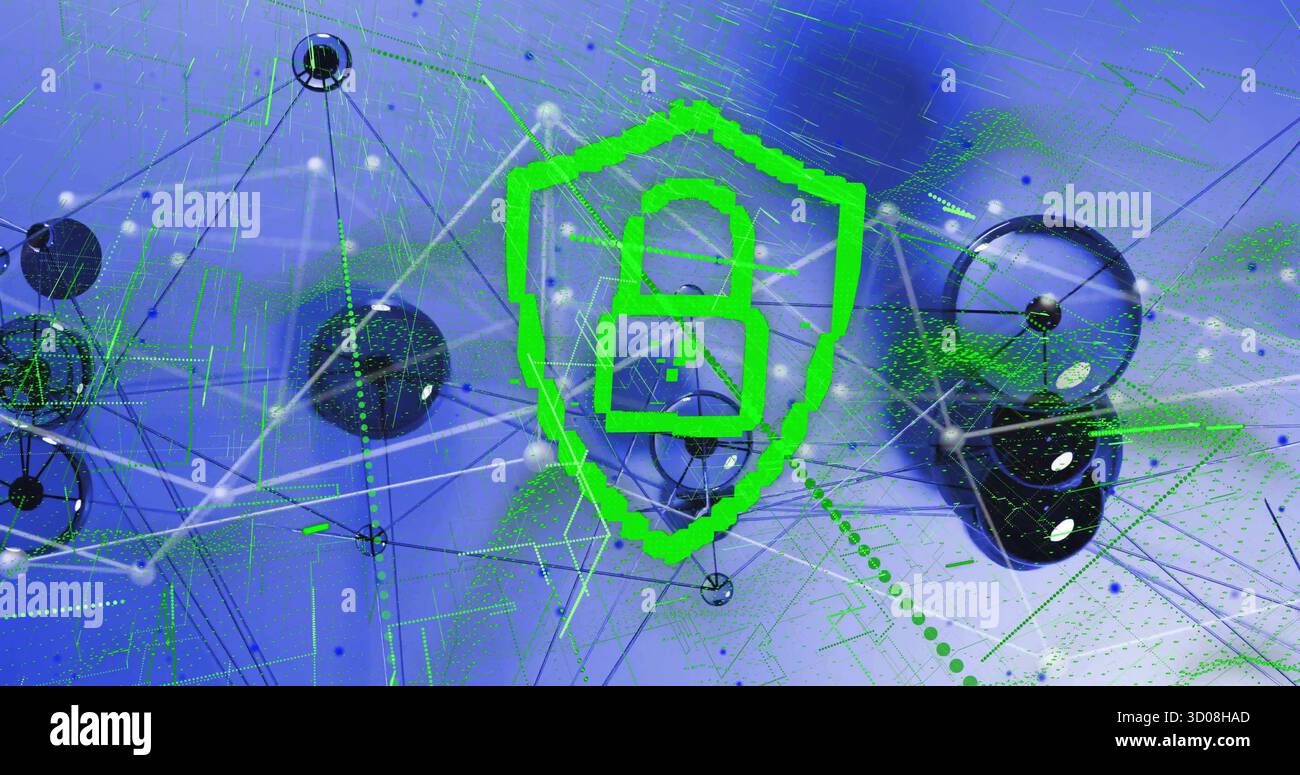 Displaying security illustration in virtual network, with green shield padlock protecting data flow Stock Photo